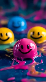 Glossy smiley spheres in bright dripping paint pools.