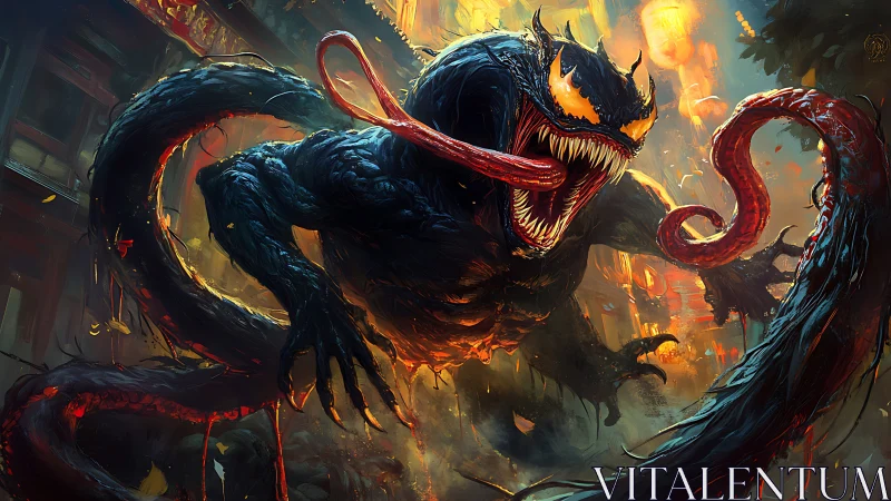 Massive black monster leaps through fiery neon cityscape