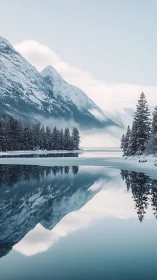 Snow-covered mountains reflect clearly in calm winter lake