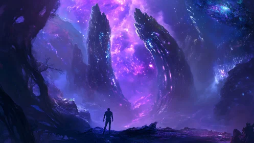 Starlit wanderer beneath towering cosmic crystal spires.