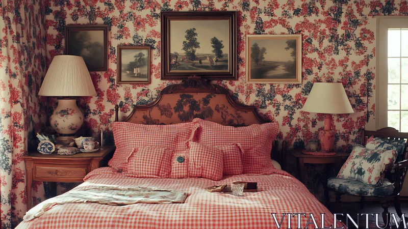 Gingham dreams in a flower-drenched vintage bedroom retreat.