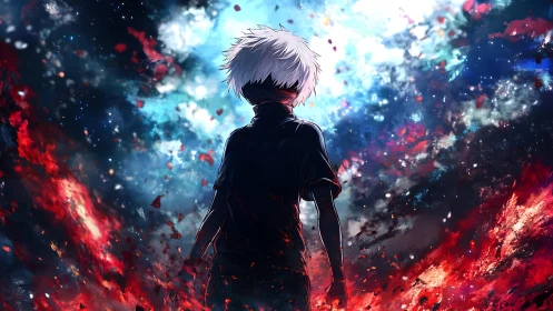 Solitary anime figure amid nebula-like light and debris.