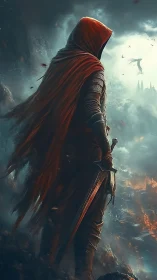 Hooded dragonslayer stands in embered mist before ruin.