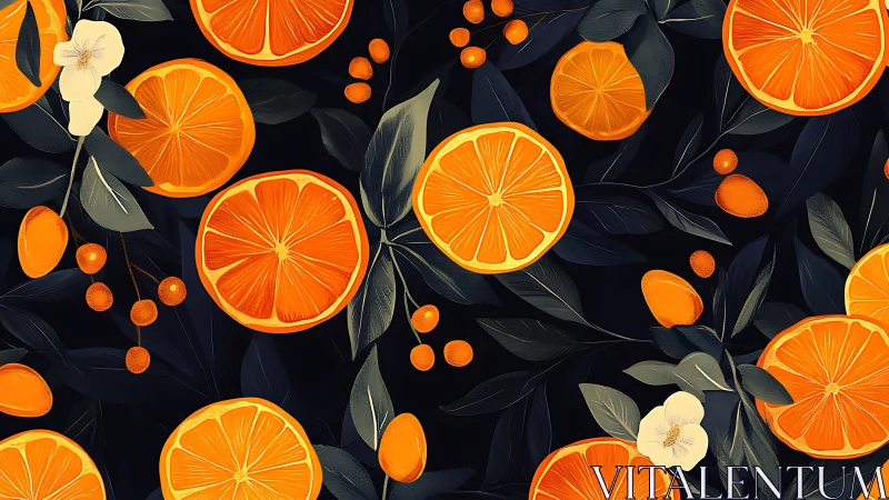 Sunny citrus slices glowing against deep night leaves.