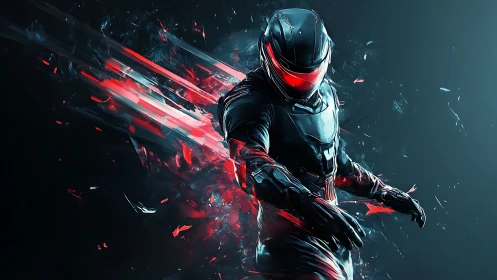 Futuristic armored warrior bursts through red digital shards