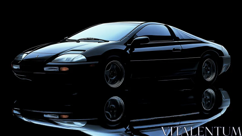 Midnight coupe poised on glassy reflections of speed.