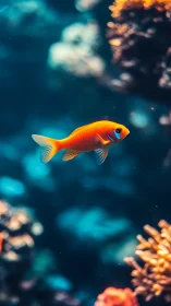 Solitary ember fish gliding through jewel bright reef calm.