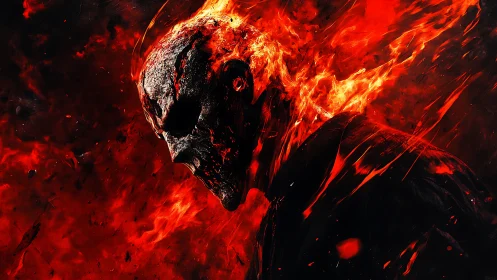 Burning skull-headed figure emerging from red inferno.