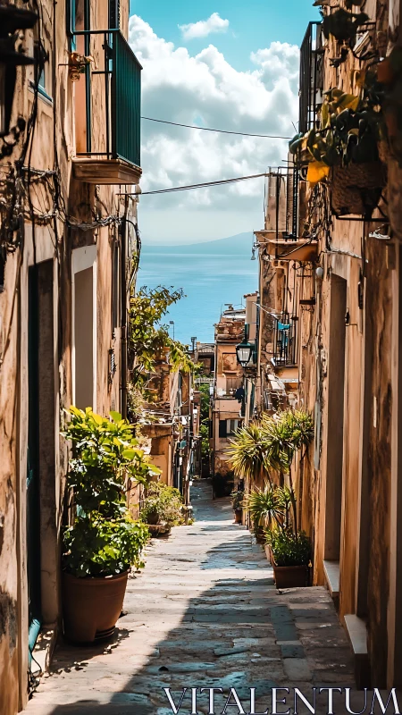 Sunlit Mediterranean alley cascading toward a distant sea.