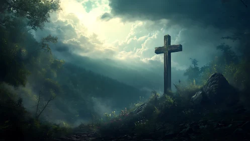 Weathered wooden cross above misty forest valley at dawn.