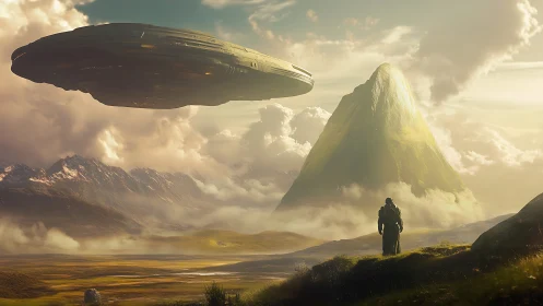 Starlit explorer observing colossal starship above monolith.