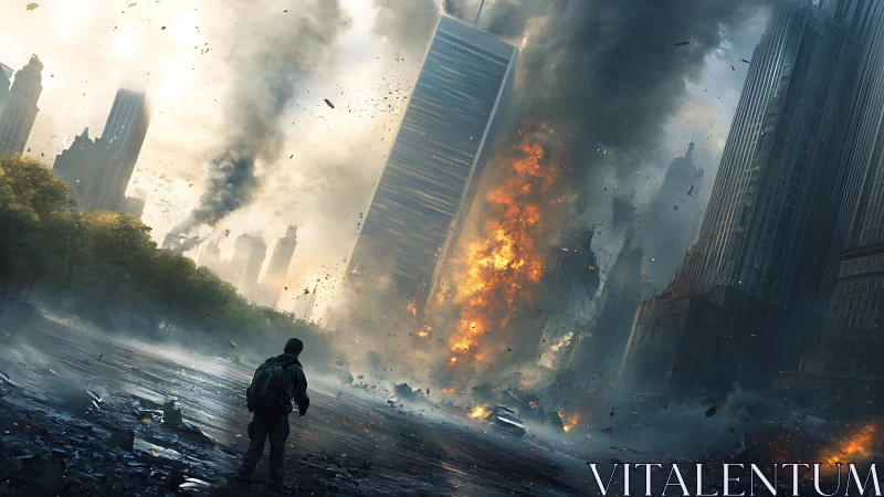 Lone survivor watches a burning skyscraper consume the city