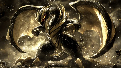 Armored obsidian dragon in blazing golden battleground.