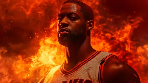 Basketball star in blazing firelit arena portrait.