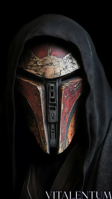 Hooded sci fi warrior in worn red armored helmet portrait.