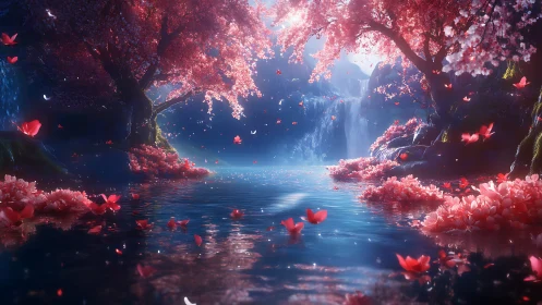 Enchanted pink blossom grove around glowing blue lake.