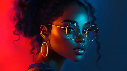Neon-lit muse in gold frames between fire and midnight glow.