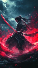 Samurai figure with red katana amid swirling red energy.
