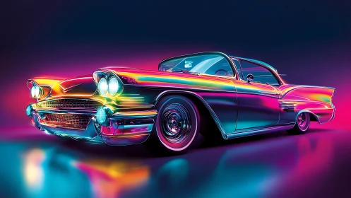 Neon soaked classic cruiser glowing in retro night light.