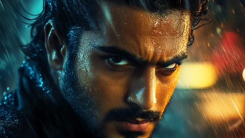 Rain-soaked close-up portrait isolates intense male gaze in bokeh