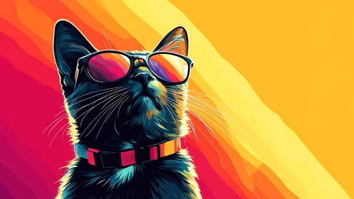Stylized neon portrait depicts a cool cat in mirrored shades
