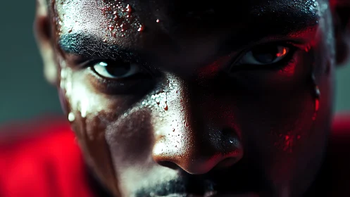 Intense athlete&rsquo;s face glows with sweat under dramatic light