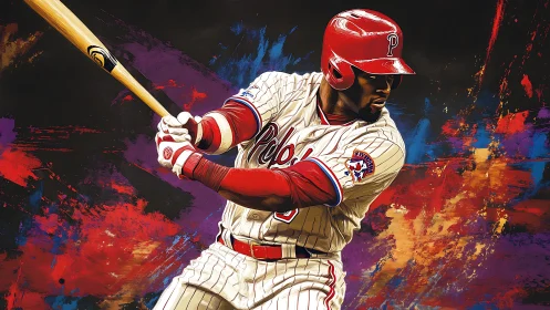 Baseball slugger drives powerful swing through color storm.