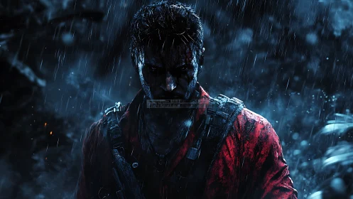Bloodied soldier in red shirt standing in heavy rain