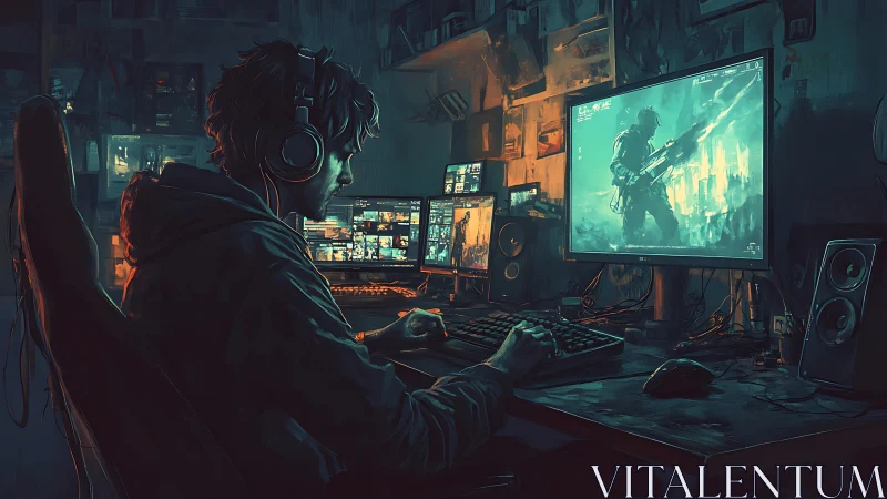 Night workspace with gamer at multi-monitor desktop setup.