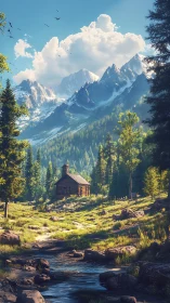 Cabin beside mountain stream in dense conifer forest.