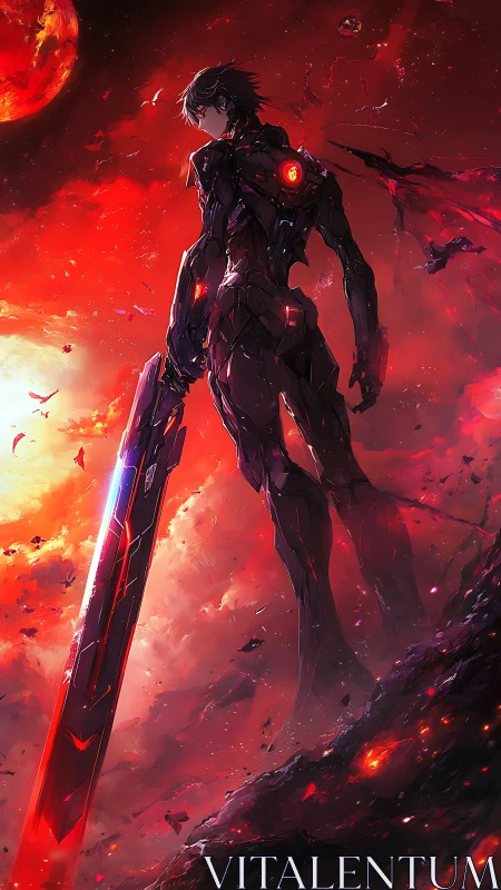 Armored warrior surveys burning alien horizon with blade ready