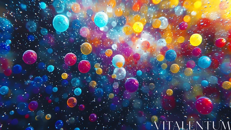 Multicolored liquid spheres suspended in cosmic bokeh field