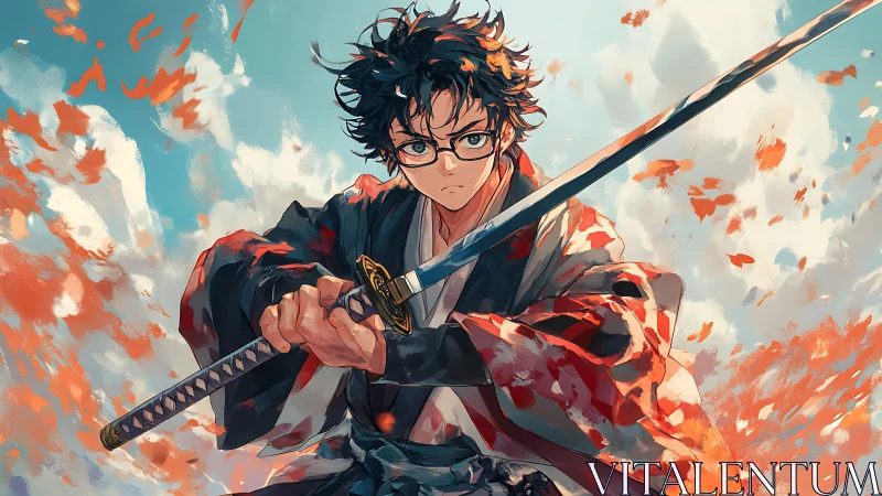 Anime swordsman in patterned kimono amid swirling petals.