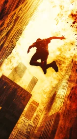 Urban Parkour Silhouette Against Fiery Cityscape.