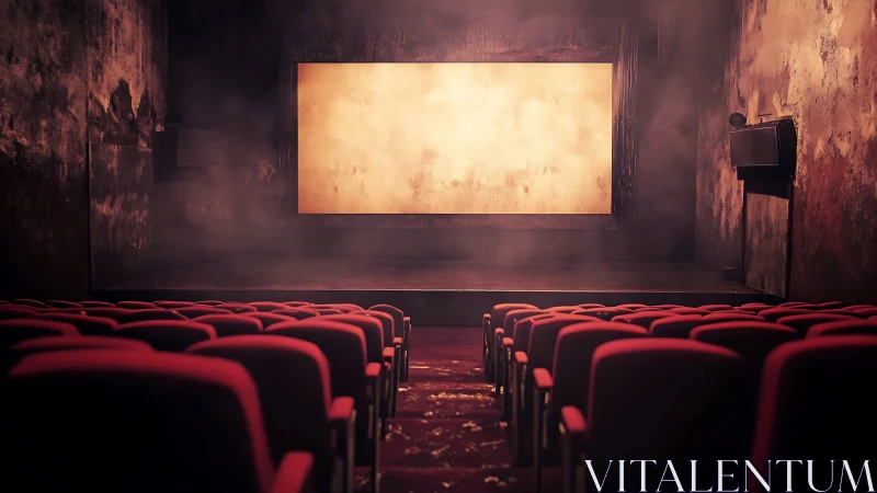 Cinematic interior with empty red seating and hazy screen focus.