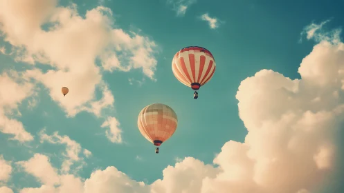 Striped hot air balloons drift calmly through soft clouds.