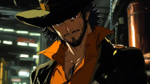 Brooding gunslinger framed in neon-lit industrial shadows.