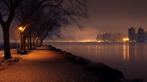 Lantern-lit riverside promenade dreaming toward misty towers.