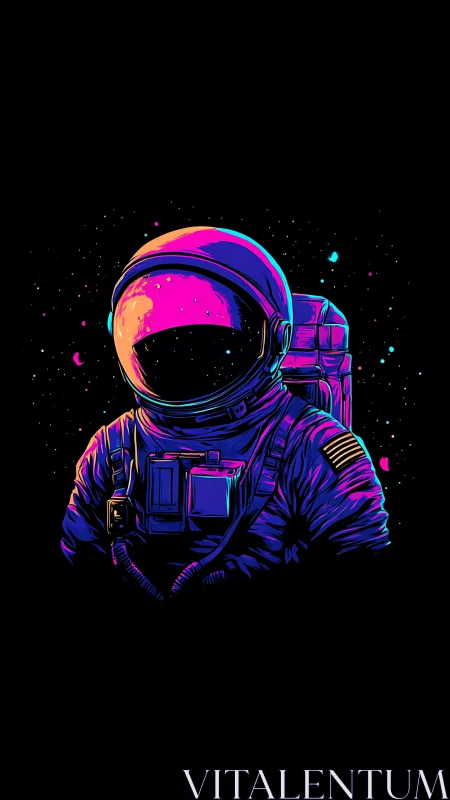 Neon-drenched astronaut drifting through cosmic midnight.