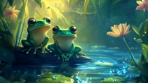 Two luminous frogs share a magical moment by a pond