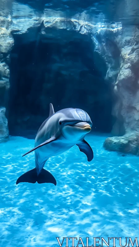 Bottlenose dolphin suspended midwater in high-clarity aquarium tank