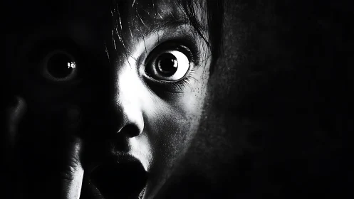 Wide-eyed wonder in a shadowy black and white close-up.