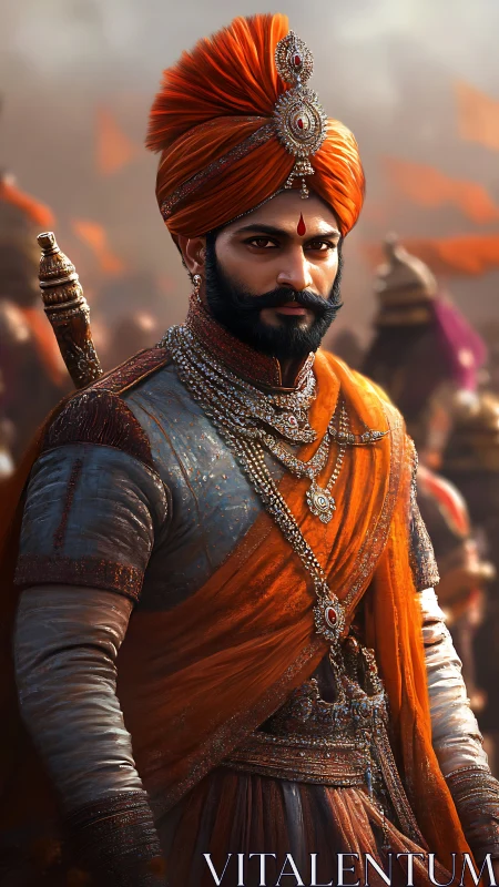 Regal warrior in saffron turban with ornate jeweled armor.