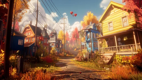 Autumn suburb street glows under warm cinematic sunlight.