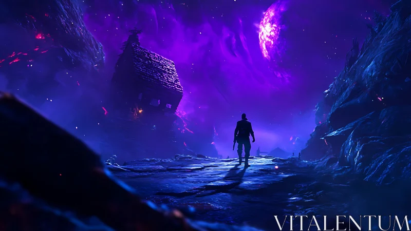 Lone wanderer walks beneath a glowing violet alien sky.