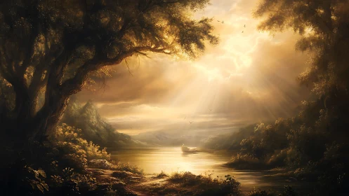 Golden river valley with rowing boat under volumetric sunrays