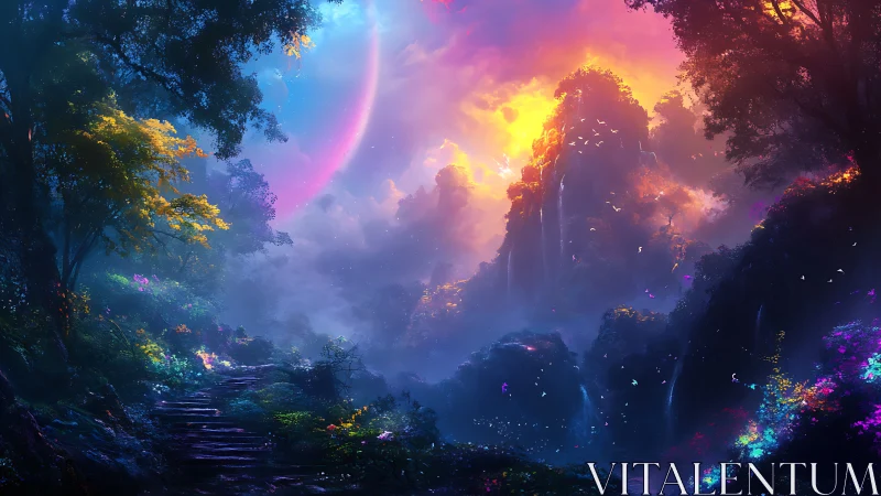 Luminous twin-moon valley where neon waterfalls whisper.