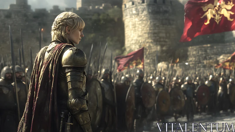 Golden knight pauses as a restless crimson army breathes