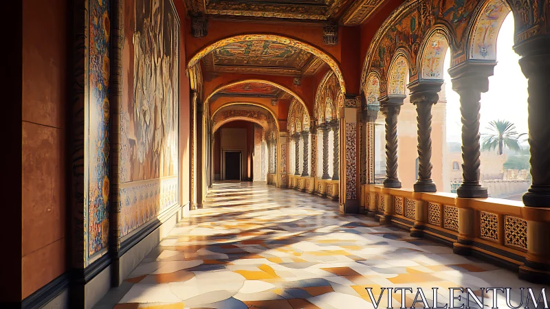 Ornate sunlit corridor with arches, murals, and tiled floor.
