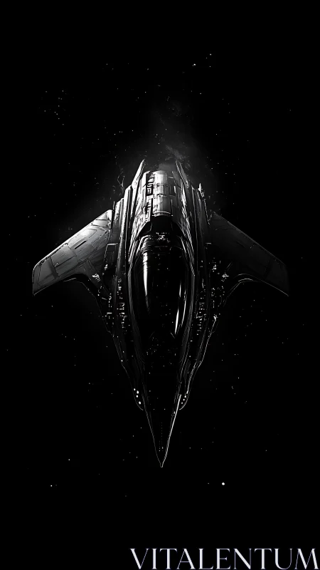 Stealth starfighter cuts through deep void in silhouette.